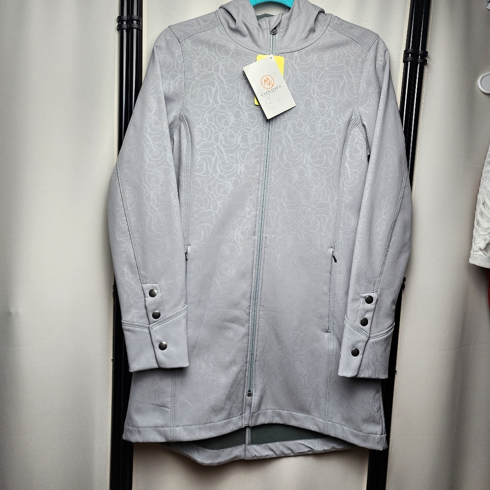 NWT  GREY HOODED WIND &  WATER RESISTANT LONG JACKET BY CLOUD VEIL ~ SIZE SMALL